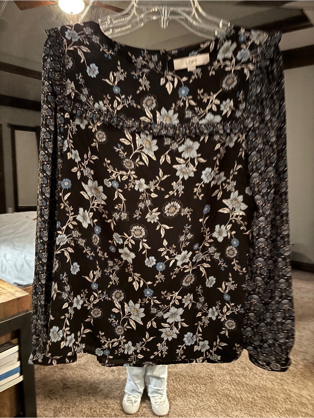LOFT Black Blouse with Blue and Cream Floral Print